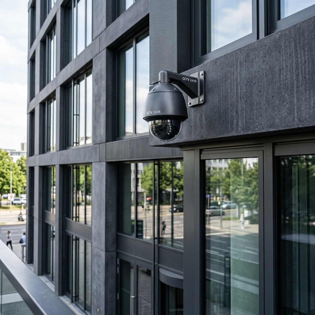 AI Generated image: A pro-grade commercial dome security camera mounted on a modern dark concrete and glass office building exterior.