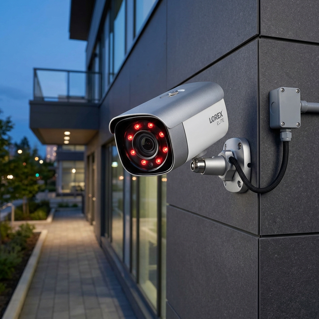 AI Generated image: An advanced high-definition outdoor security camera with active deterrence spotlight features mounted on a dark exterior wall.